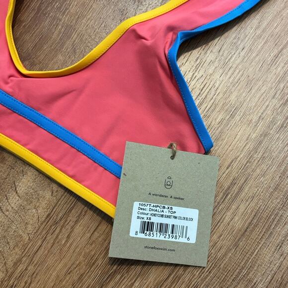 NWT Stone Fox Swim Dhalia Top In Honeycomb Sunset Pink Color Block Size XS - Picture 4 of 6